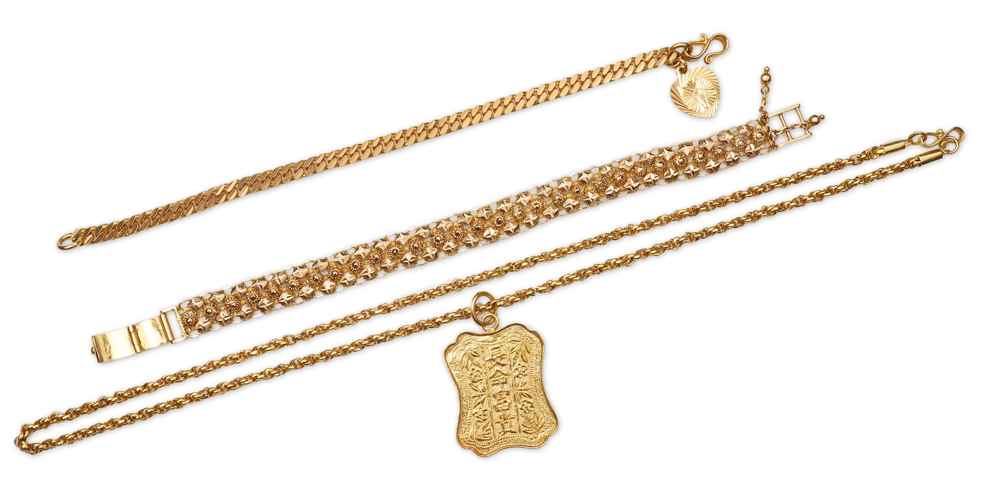 A Chinese pendant necklace and two gold bracelets
